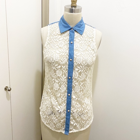 NWT Fun & Flirt Lace Button Up Tank White Blue S - Picture 9 of 11